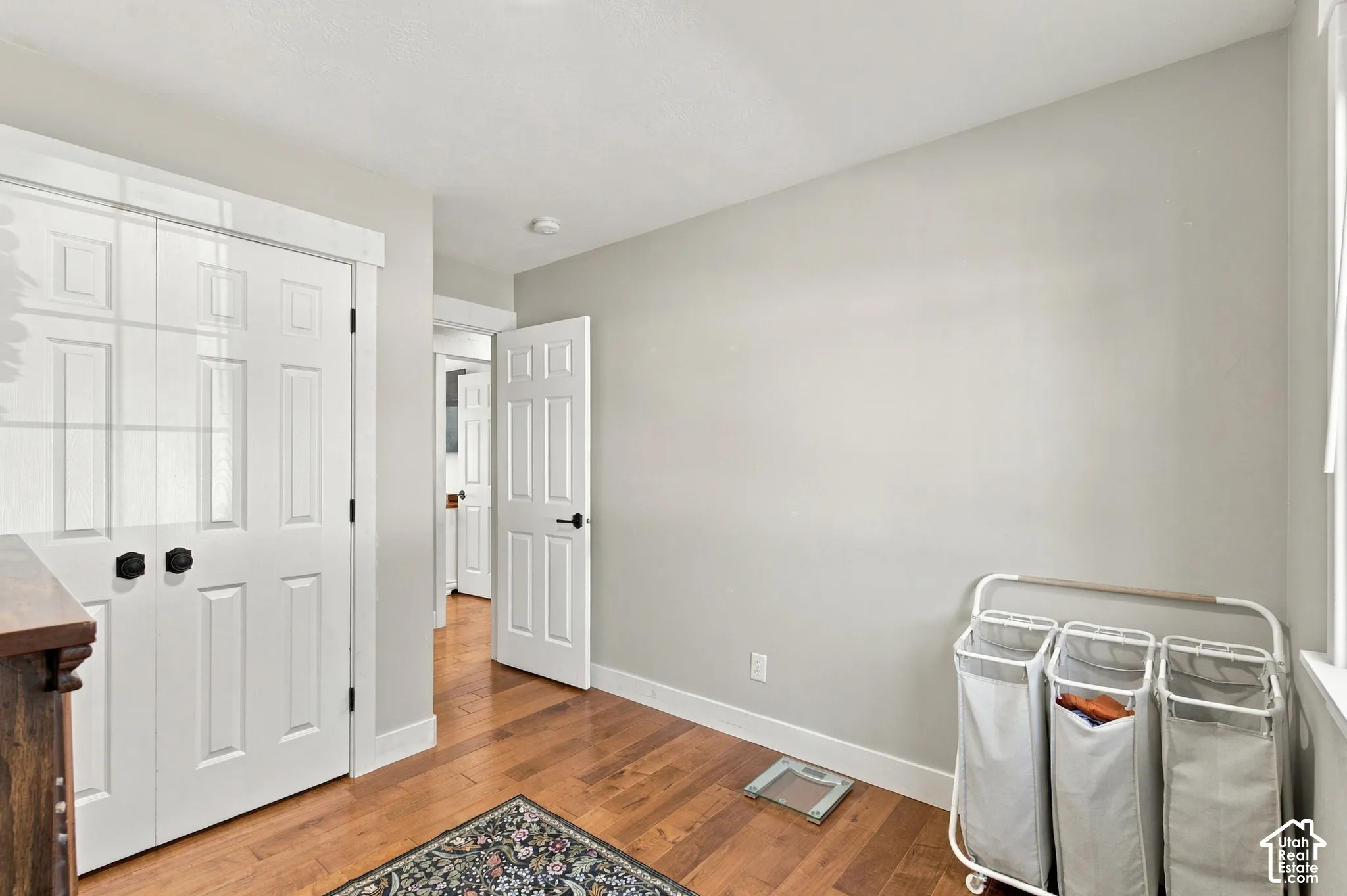 Warm wood-finish flooring with white trim, a six-panel door, and a paneled closet with black hardware