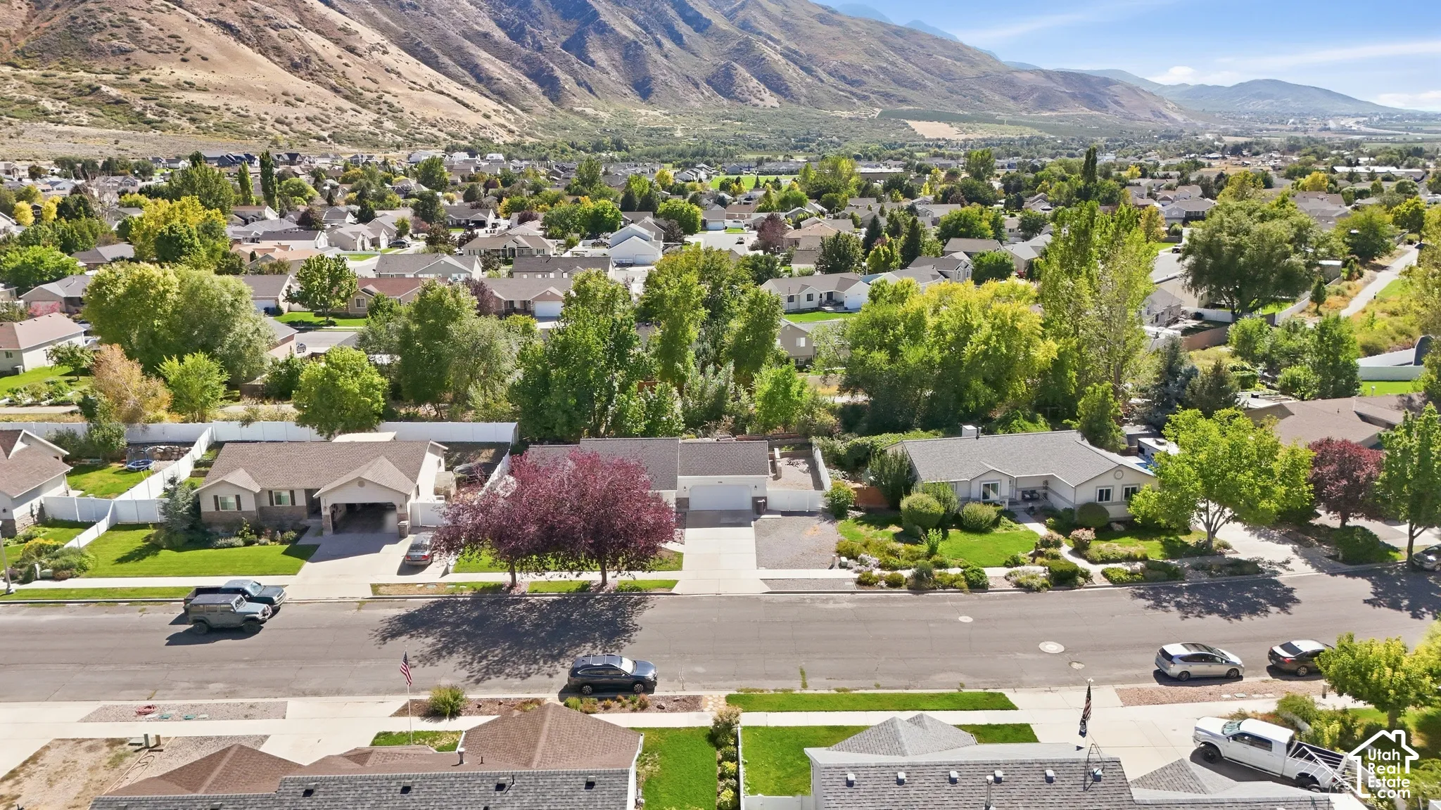 Residential neighborhood with established landscaping and mountain backdrop