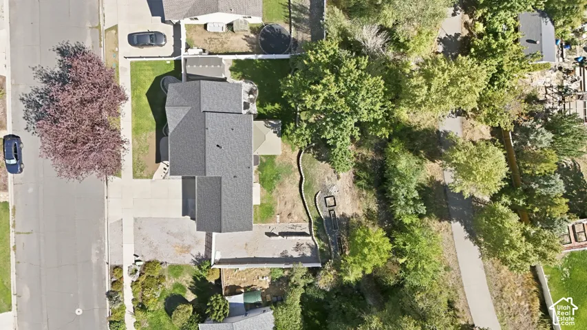 Paved driveway, mature trees, and a landscaped front yard
