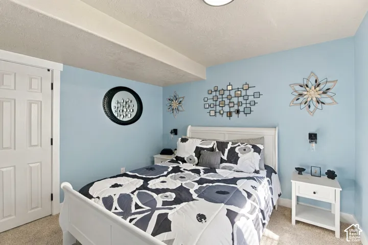 Wall-mounted lighting fixtures, soft blue wall finish, white paneled door, and carpeted flooring