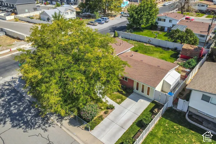Expansive driveway, mature tree, fenced backyard, attached storage structure, and a red-toned exterior