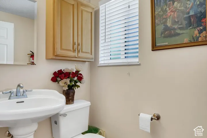 Pedestal sink with chrome faucet, light wood-finish cabinetry, and a window with blinds