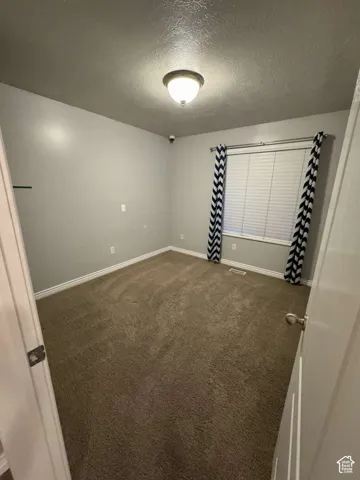 Carpeted flooring, window with blinds, ceiling-mounted light fixture, and light gray wall paint