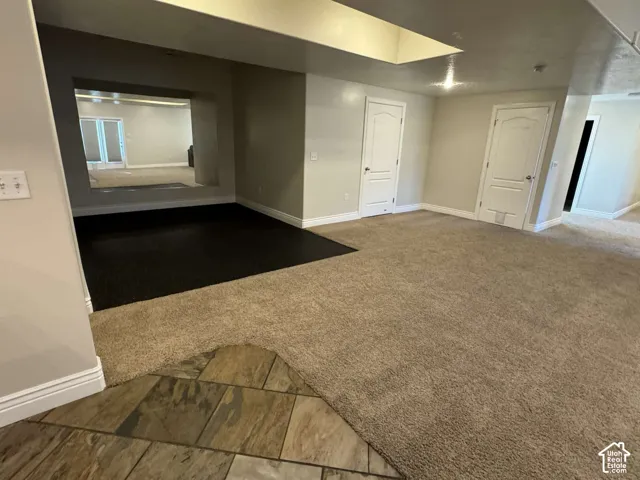 Spacious room featuring neutral carpeting, a large open entryway, and two paneled doors