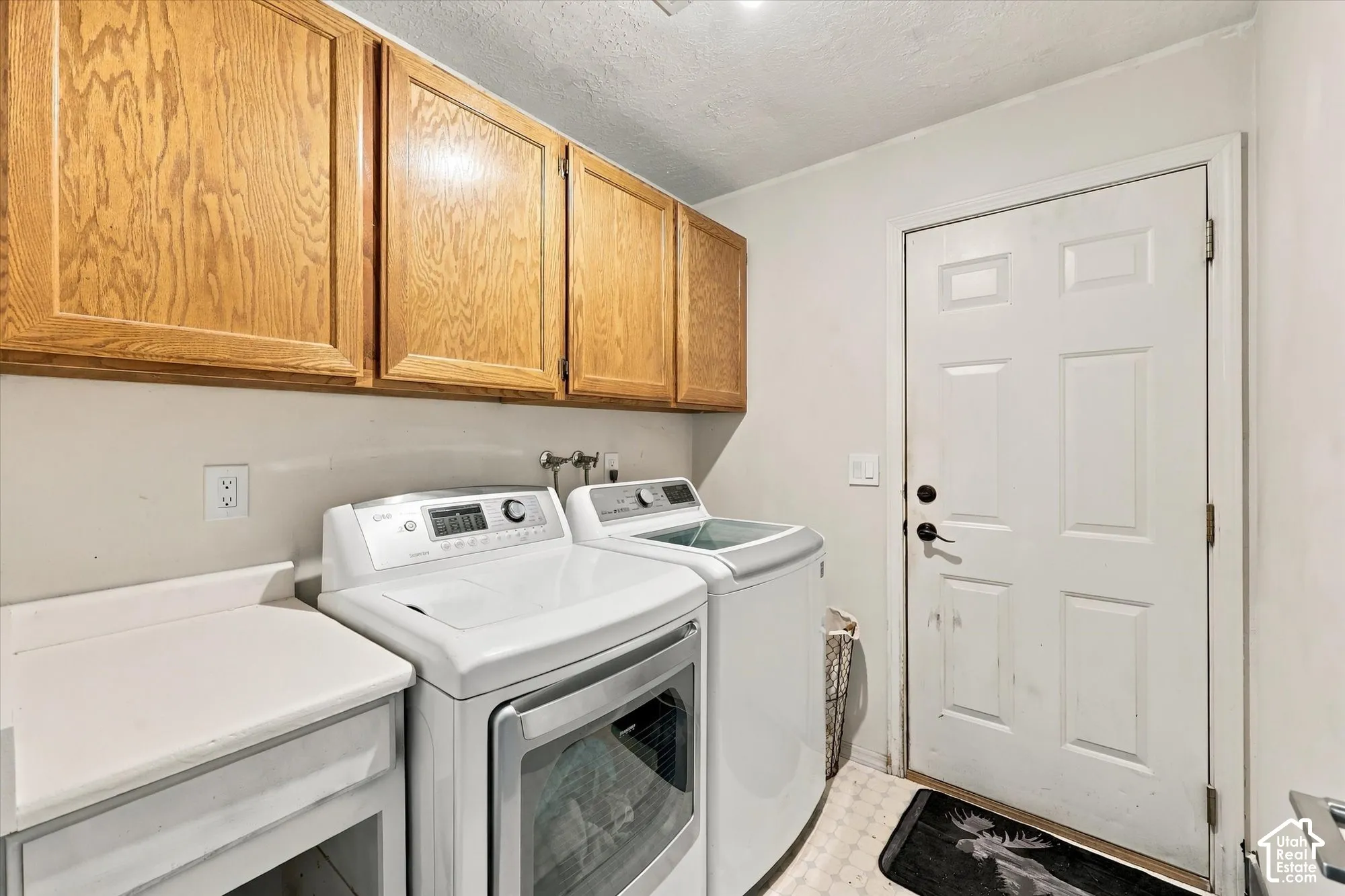 Upper wood-finish cabinetry, white countertop, and white paneled door