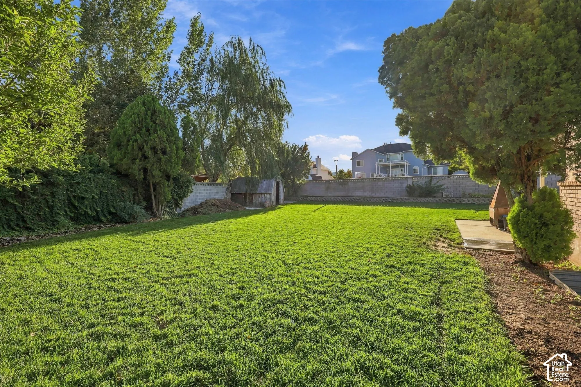 Expansive lawn area with mature trees and perimeter landscaping