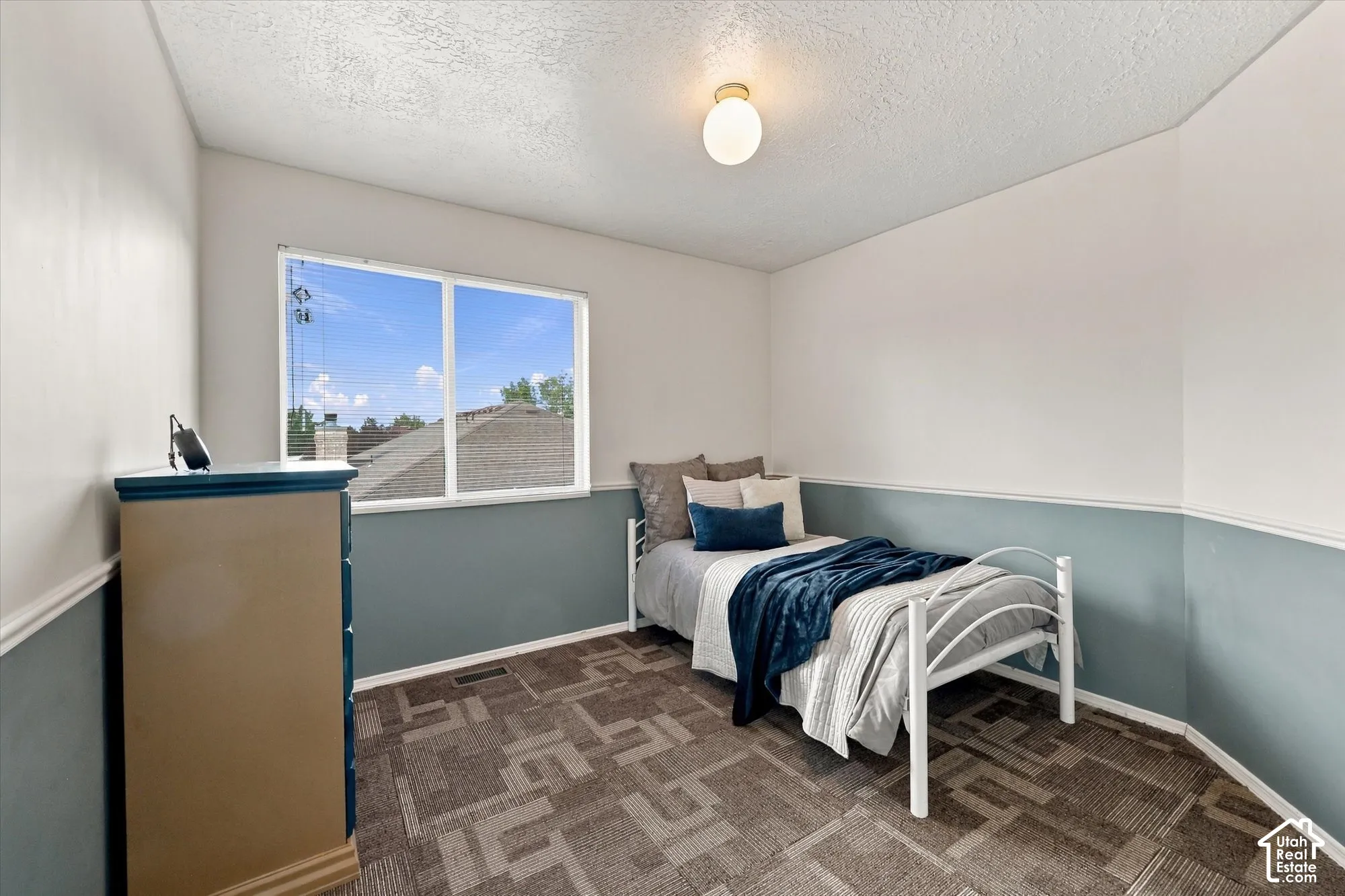 Wall-to-wall carpet flooring, dual-tone wall paint, and a built-in overhead light fixture