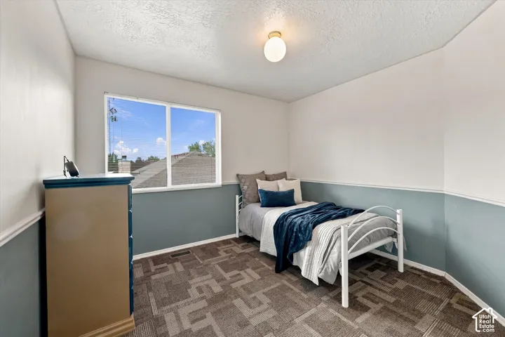 Wall-to-wall carpet flooring, dual-tone wall paint, and a built-in overhead light fixture