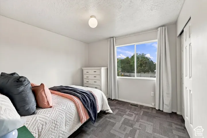 Bright secondary bedroom featuring large windows with natural light, neutral wall finishes, gray patterned carpet.
