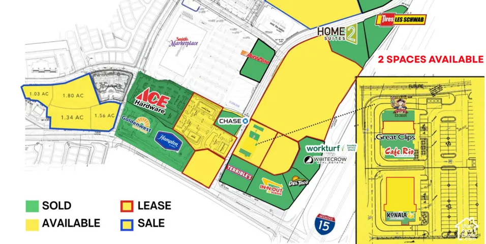 Site Plan. Illustrating property availability and transaction status for various parcels, including specific acreage and outlined spaces