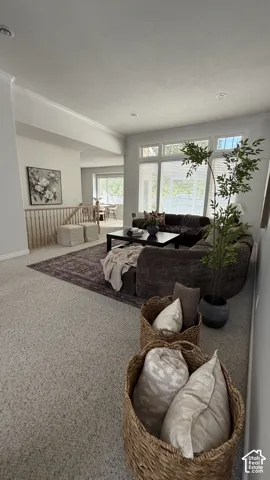 Recessed lighting, crown molding, large windows, and a carpeted floor with an area rug