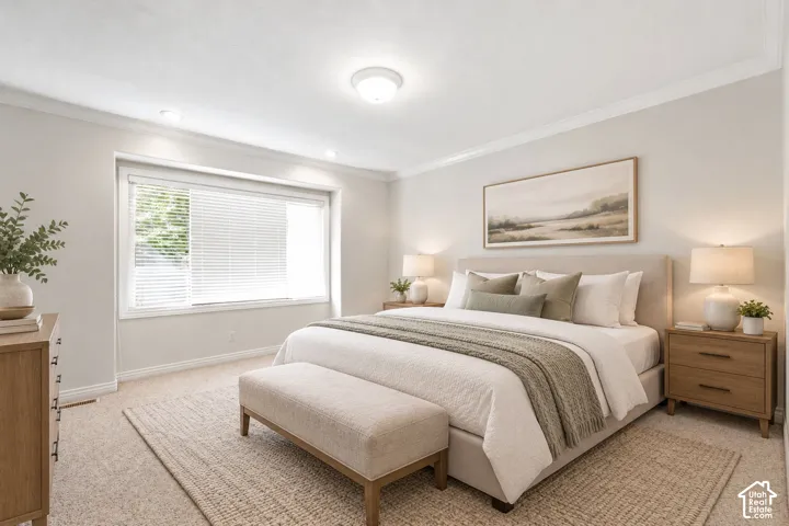 Crown molding, recessed lighting, expansive window with blinds, neutral wall paint, and carpeting