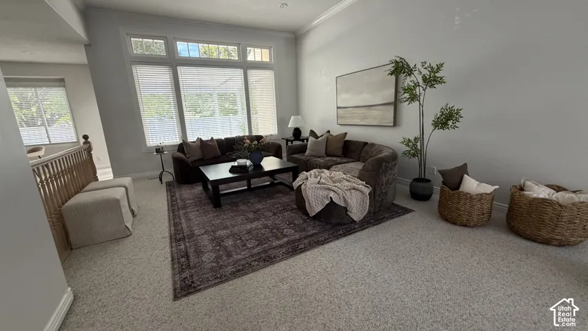 Recessed lighting, crown molding, and large multi-pane windows with blinds