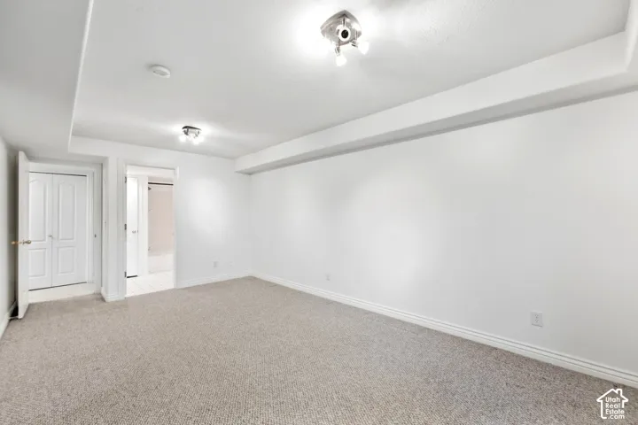Carpeted flooring, white walls, double panel doors, and track lighting fixtures