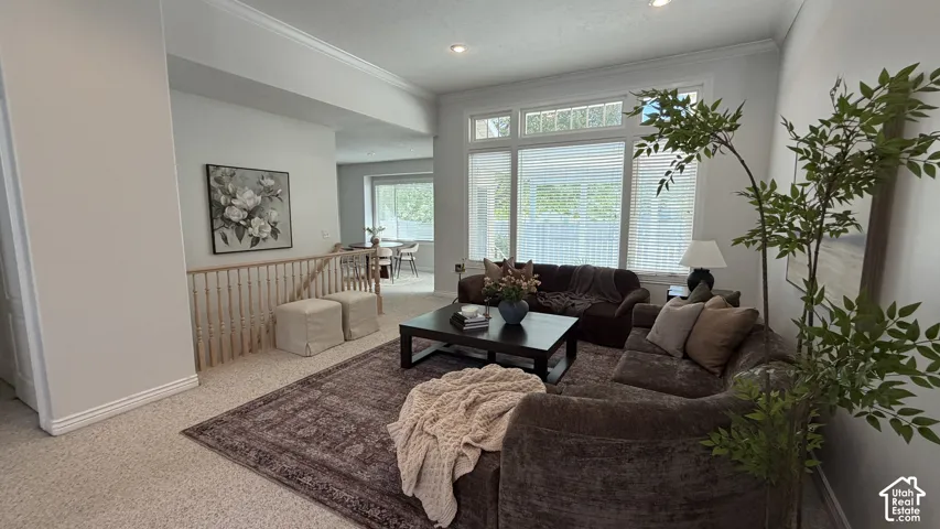 Spacious living area featuring neutral carpeting, crown molding, a large window with white blinds, and a durable wood-finish coffee table