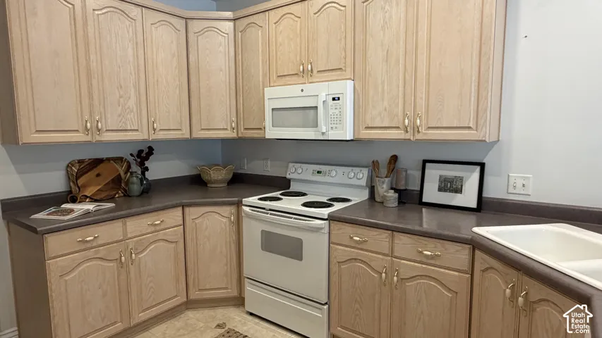 Light wood-finish cabinetry, white built-in microwave, white range, and a double basin sink