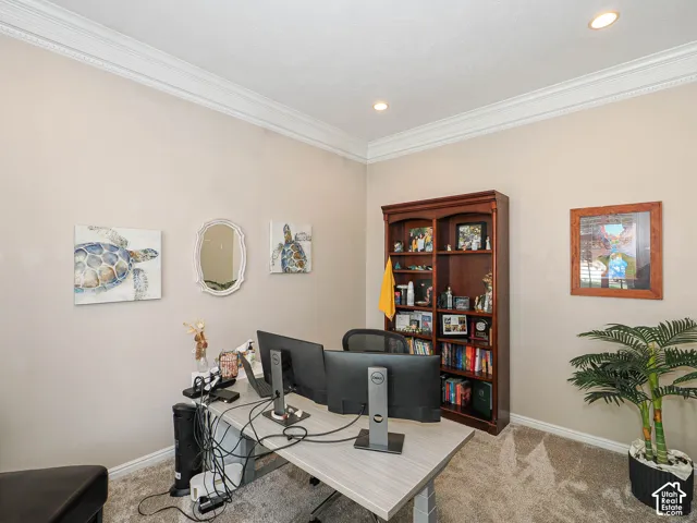 Recessed lighting, crown molding, plush carpet, and a built-in wood-finish bookcase