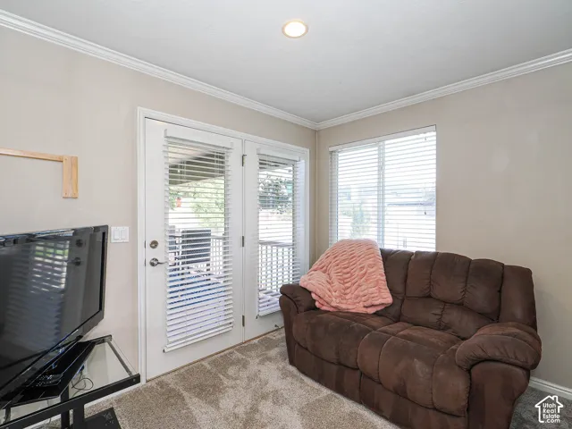 Crown molding accents the ceiling