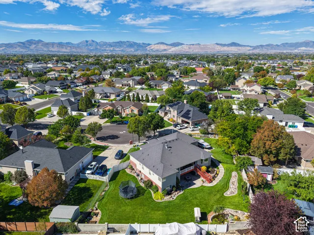 Expansive residential neighborhood with mature trees, mountain backdrop, and clear sky