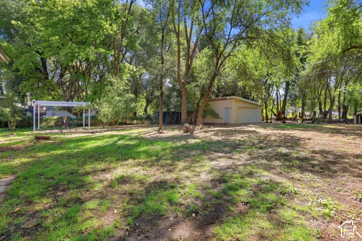 Expansive yard with mature trees, a detached garage, and a covered patio structure
