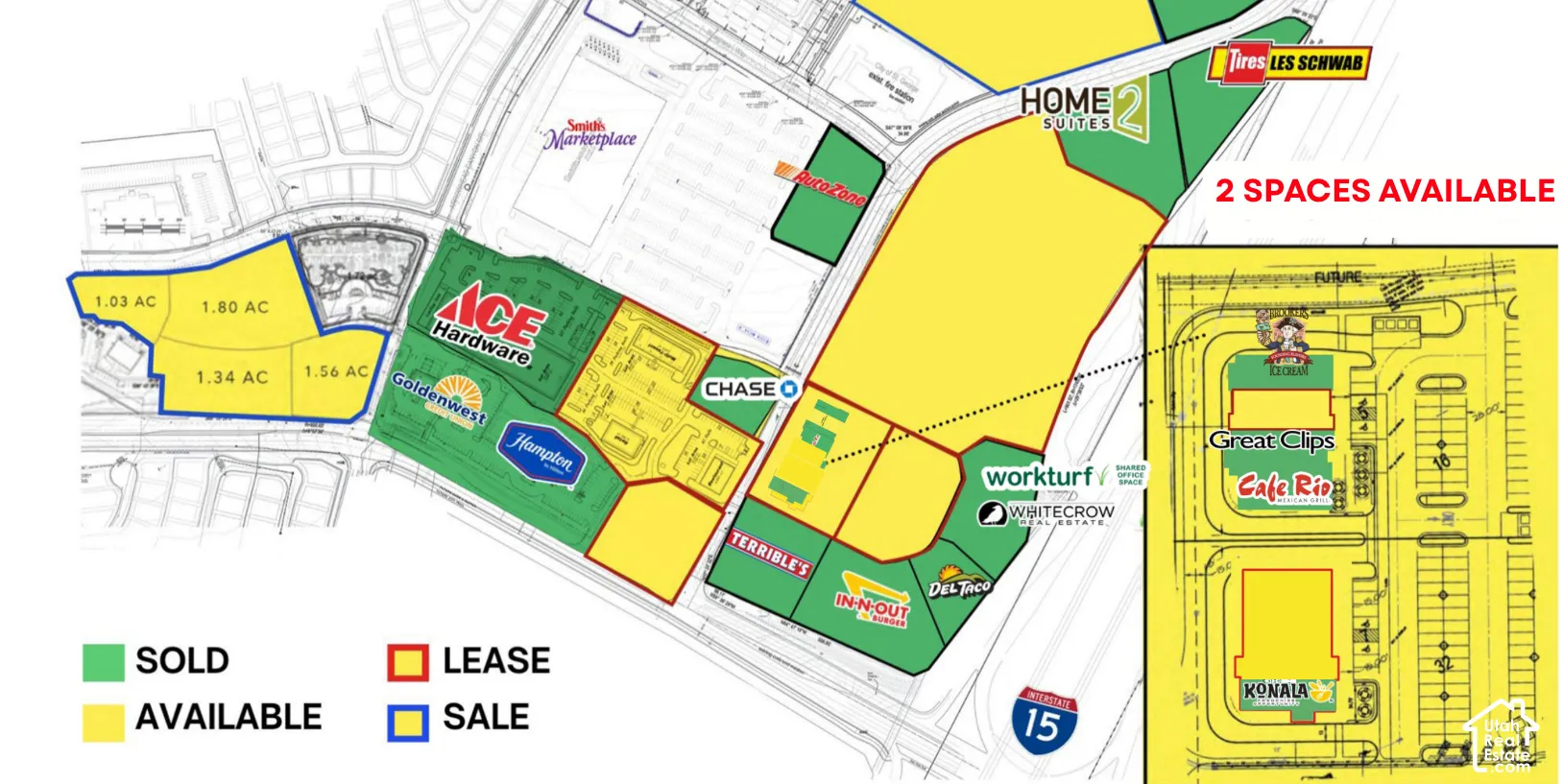 Site Plan. Illustrating property availability and transaction status for various parcels, including specific acreage and outlined spaces