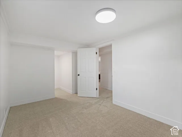 Neutral tone carpeting, white walls, and a flush mount ceiling light