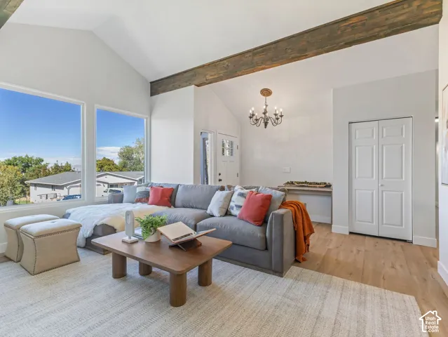 Vaulted ceiling with exposed wood beam