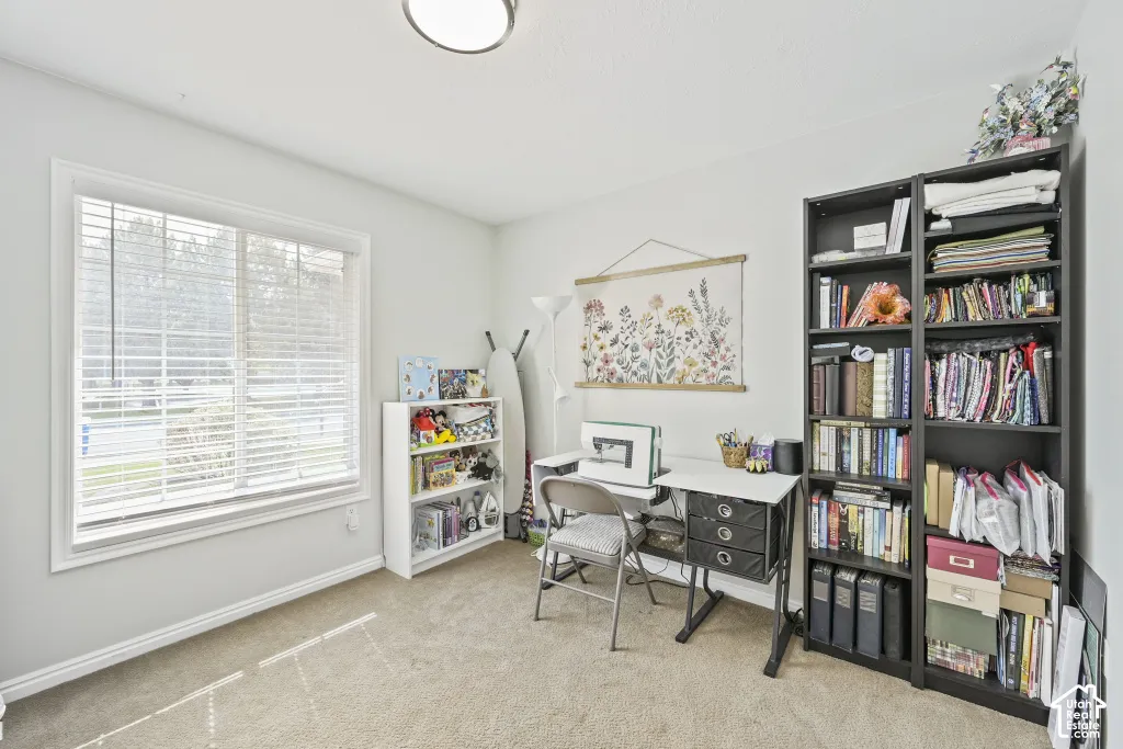 Carpeted room with a ceiling-mounted light fixture, a window with blinds, and white painted walls