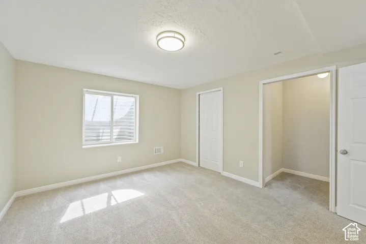 Carpeted room featuring a window with horizontal blinds, a white flush-mount ceiling light, a built-in closet with sliding doors, and an additional white panel door