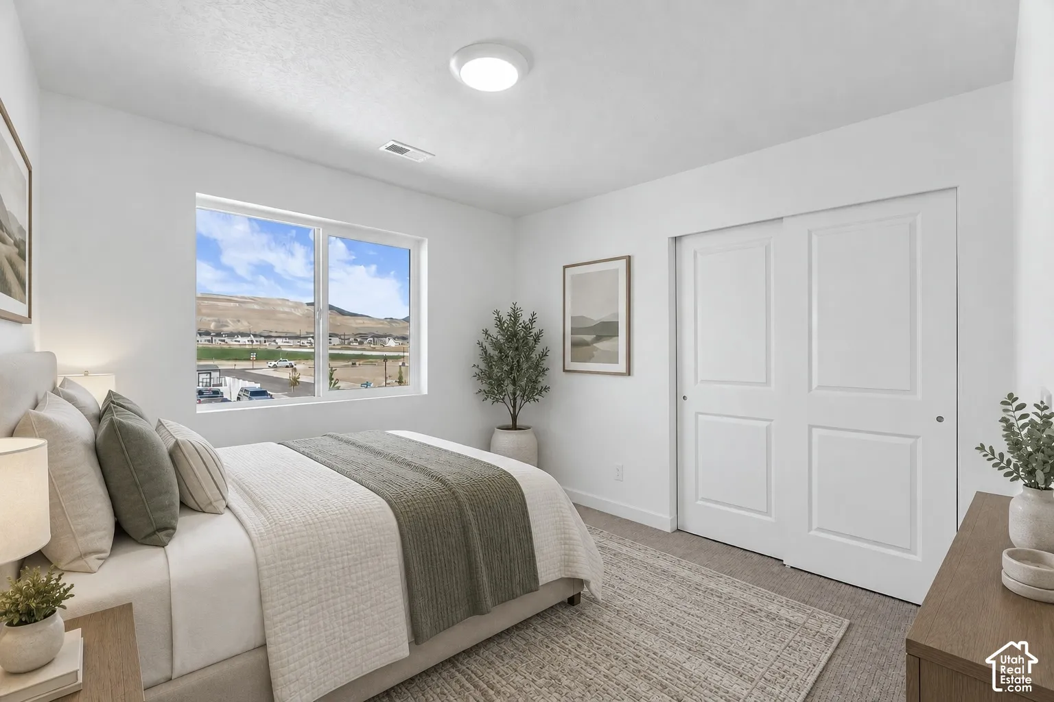 White paneled sliding closet doors, carpeted flooring, and a large window providing expansive mountain scenery