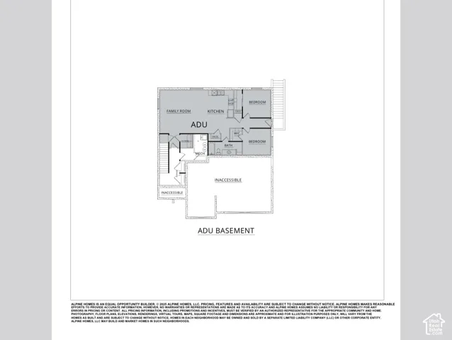 Floor Plan, "Oak" ADU Basement. Depicting the layout and square footage of the basement accessory dwelling unit
