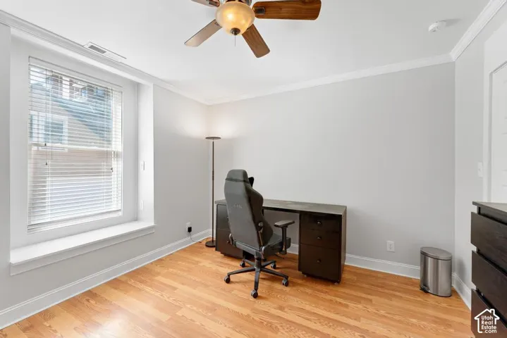 Wood-finish flooring, ceiling fan with light fixture, and crown molding