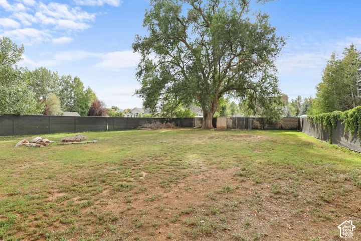 Expansive backyard featuring a mature tree, perimeter fencing, and open-air fire pit