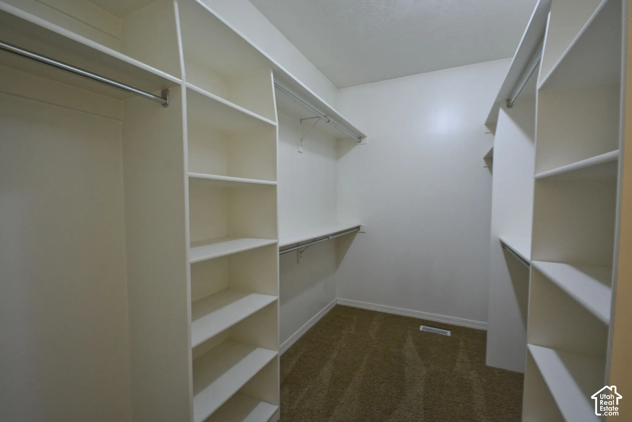 Walk-in closet featuring built-in shelving, multiple hanging rods, and carpet flooring