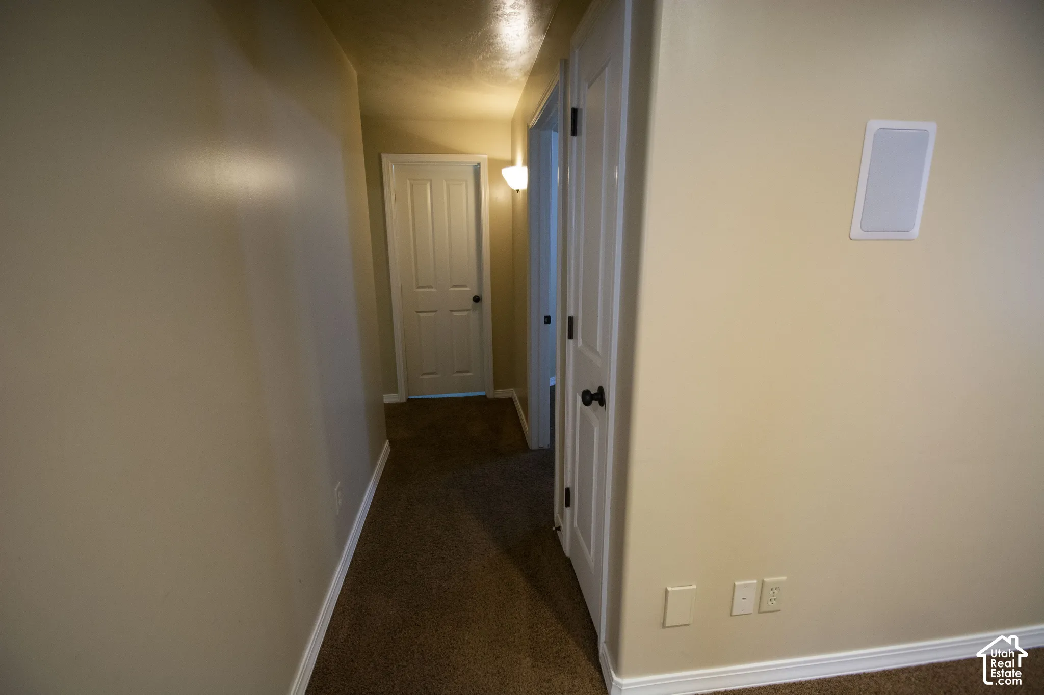 Carpeted hallway featuring warm-toned walls, white trim, and a built-in wall speaker