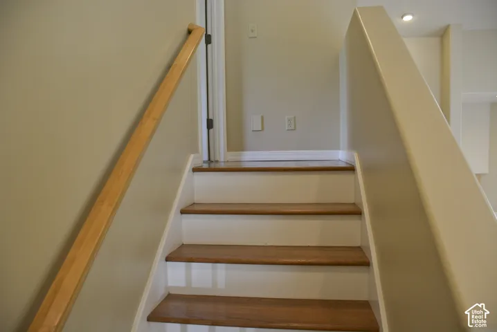 Wood-finish treads with white risers