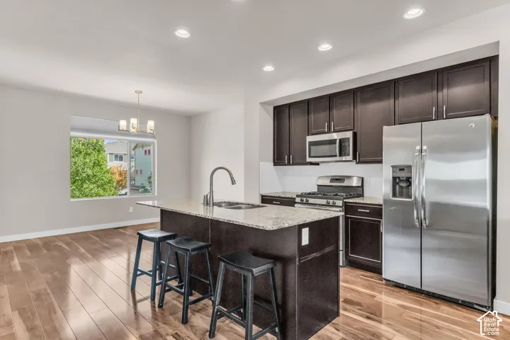 Kitchen featuring a central island with countertop seating, dark wood cabinetry, stainless steel appliances, and wood-finish flooring