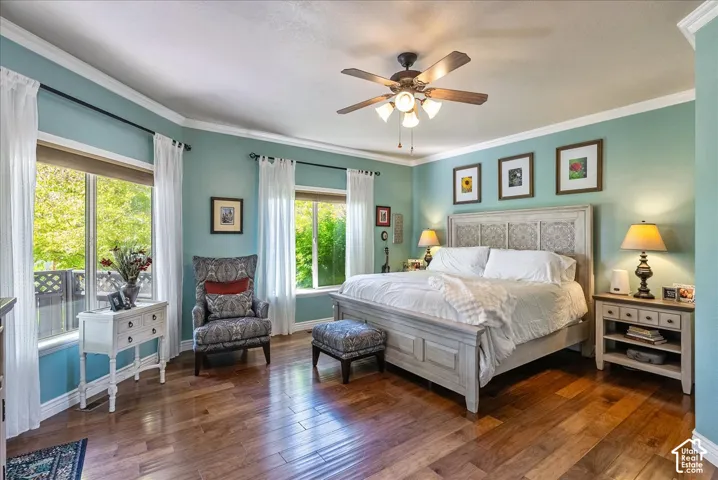 Wood-finish flooring, crown molding, ceiling fan with integrated lighting, and multiple windows with roller shades