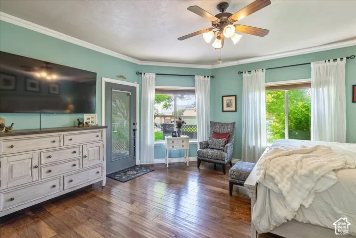 Wood-finish flooring, ceiling fan with integrated lighting, door with glass paneling, crown molding, and multiple windows