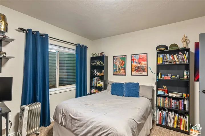 Carpeted bedroom featuring a horizontal sliding window, a built-in closet door, and light-colored walls