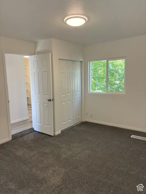 Plush dark carpeting, bright white walls, and a window providing natural light