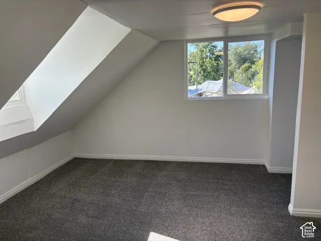 Angled ceiling with a skylight, flush mount ceiling light, and wall-to-wall carpeting