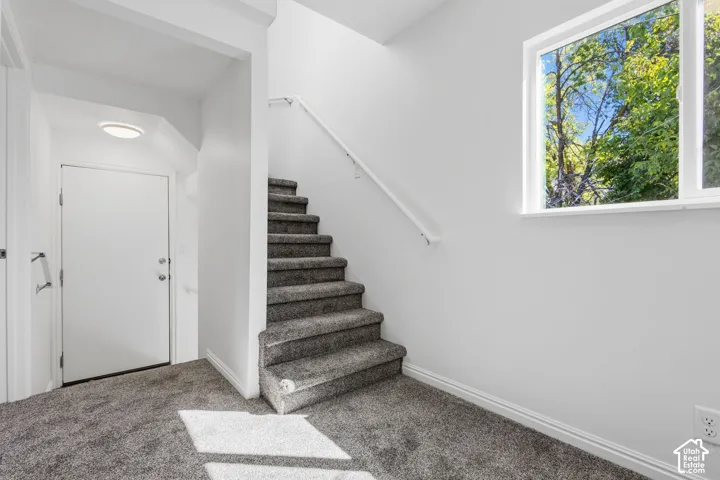 Carpeted staircase with white handrail, recessed wall lighting, and a window with tree scenery