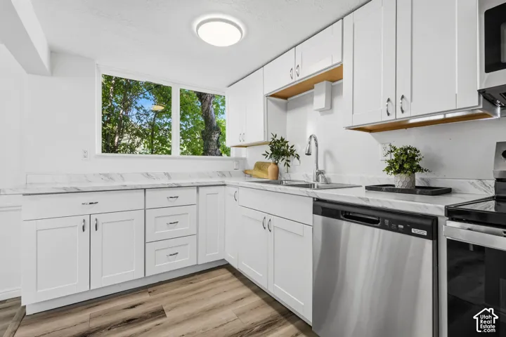 Modern kitchen featuring white cabinetry, a stainless steel sink, stainless steel dishwasher, wood-finish flooring, and light-toned countertops