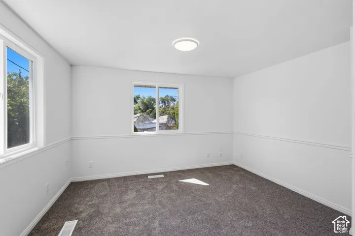 Bright interior featuring white walls, white trim, grey carpeting, and dual windows