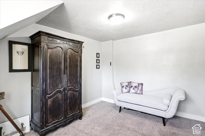 Carpeted flooring, sloped ceiling, and a flush mount ceiling light fixture