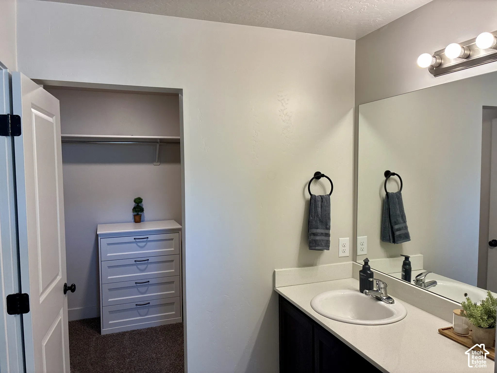Vanity with an integrated oval sink and a light-toned countertop
