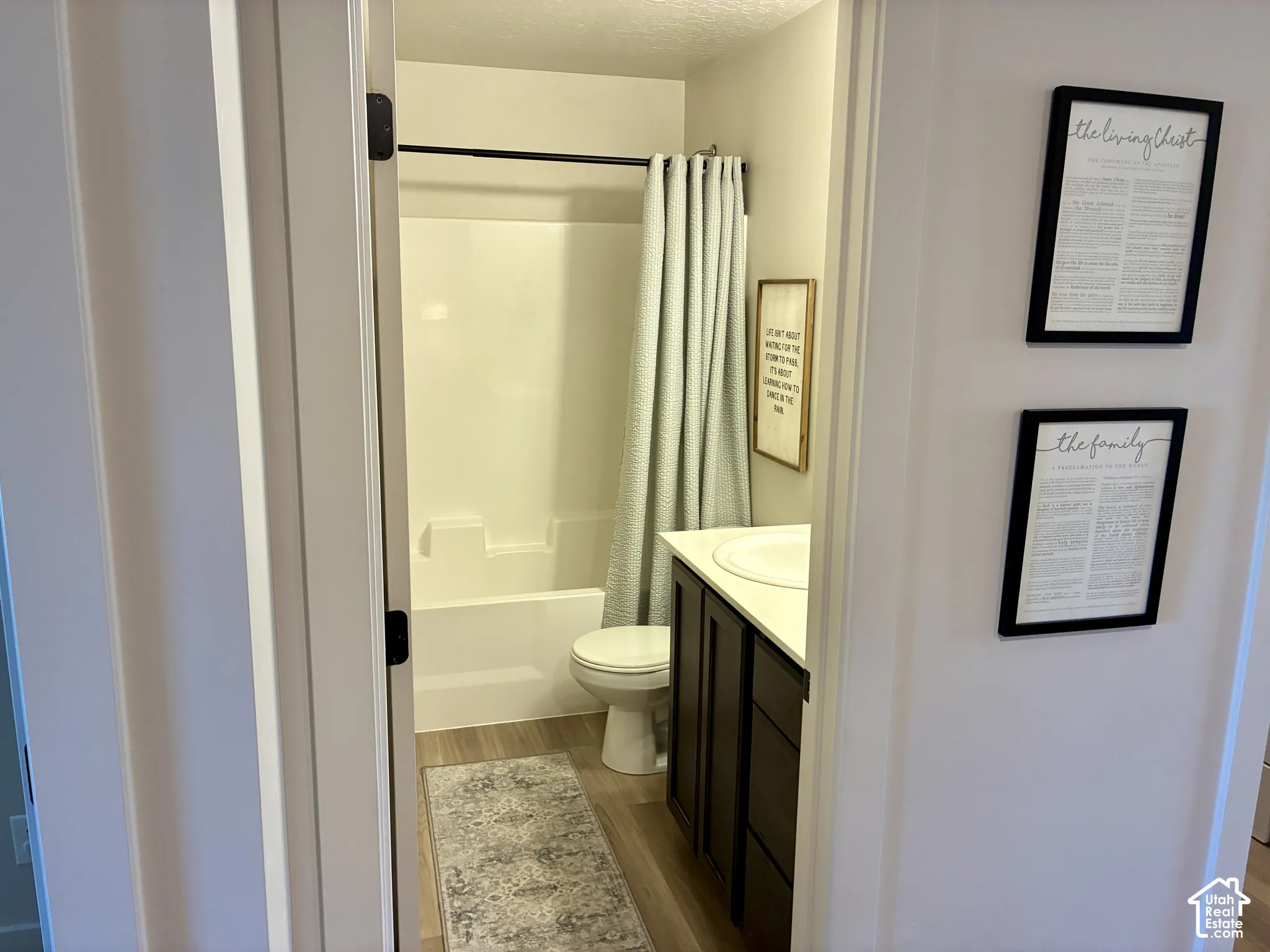 Hallway Bathroom featuring a tub/shower combination, wood-finish flooring, and a vanity with an integrated sink.