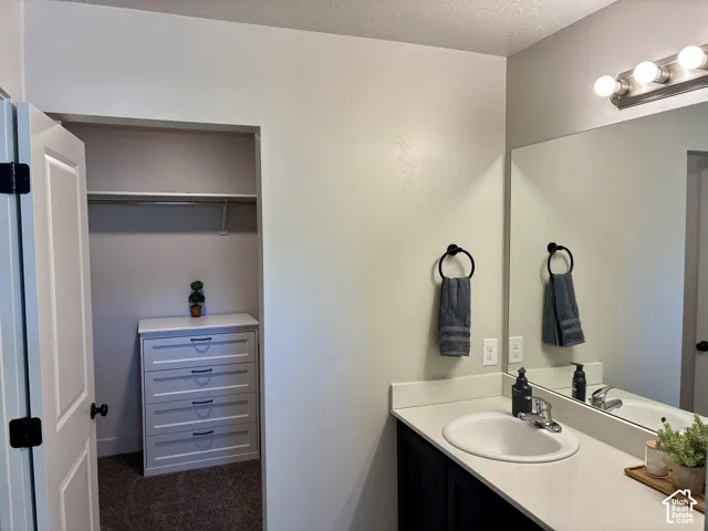 Vanity with an integrated oval sink and a light-toned countertop