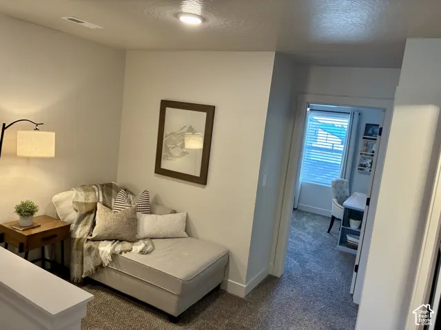 Carpeted hallway with a built-in recessed light, white trim, and a doorway opening to an additional room